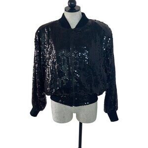 Silkworms Vintage Womens Jacket Size Large Black Sequin Bomber High Fashion